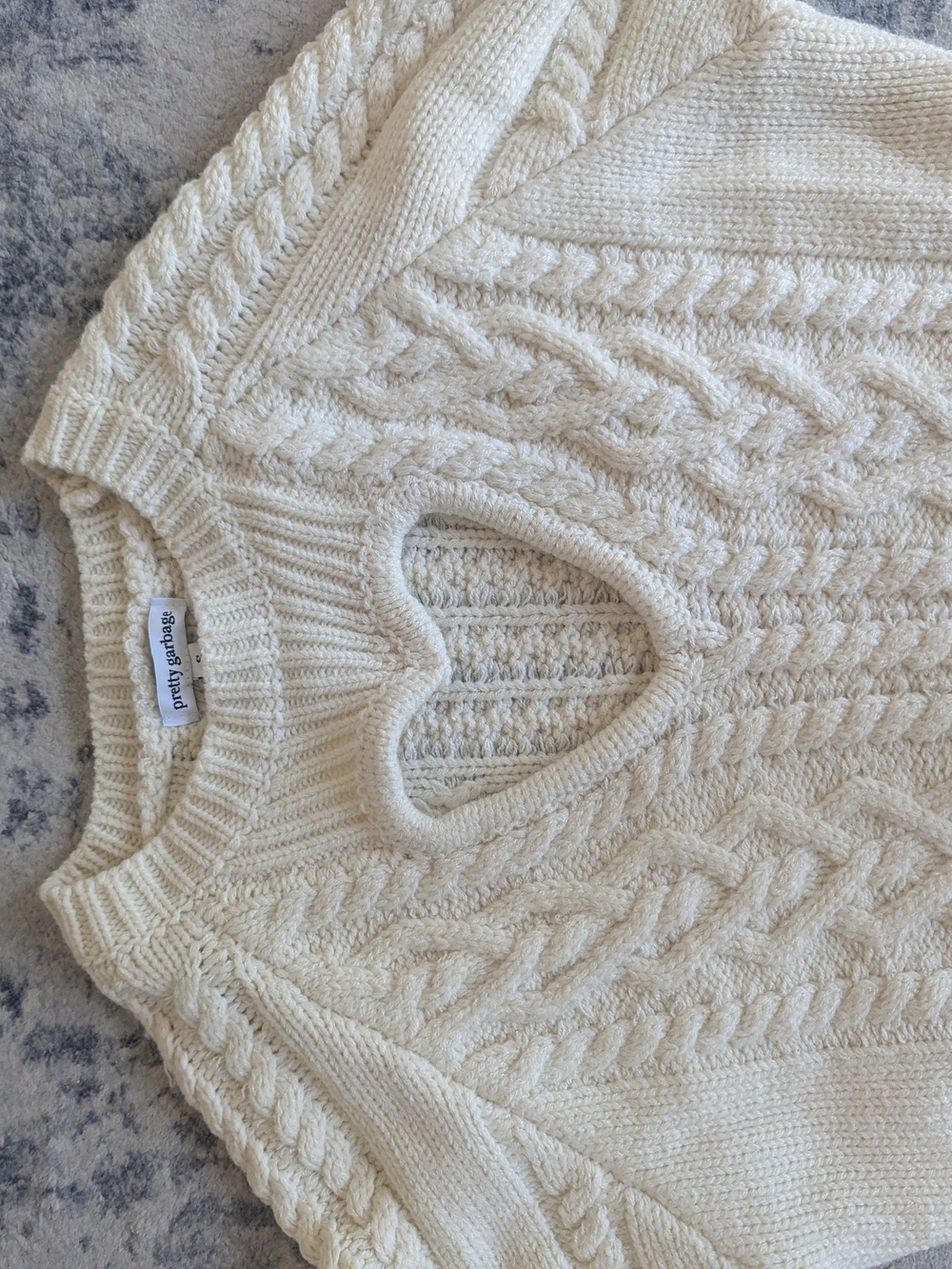Pretty Garbage Cream Cable Knit Heart Cutout Crop Sweater - Picture 4 of 5